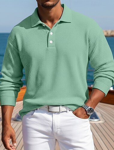  Herren Waffel-Poloshirts Textur Lässig Geschäft Gerippter Polokragen Langarm Mode Einfarbig Knöpfe Rein Herbst Frühling & Herbst Frühling & Sommer Normale Passform Schwarz Hellgrün Purpur Grün Khaki
