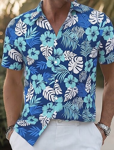  Herren Blumendruck Tropische Blumen Palmblatt Sommer Hawaiihemd Knopfhemd Alohahemd Kurzarm Hawaiianisch Urlaub Strandbekleidung Sommer Frühling Umlegekragen 3D-Druck Hemden mit Kragen Blau Rote Grün