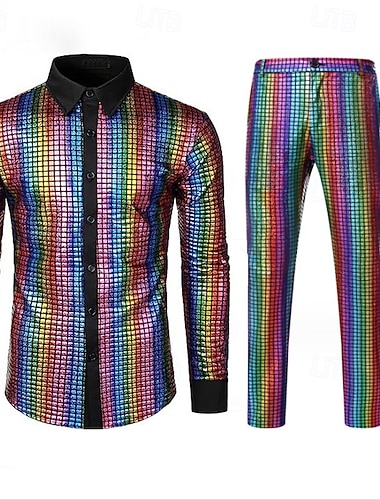 Rétro Vintage Disco Années 1980 Pantalon Chemise Manches longues Disco Déguisement Homme Costume de Carnaval Mascarade Mardi Gras Performance Défilé de la Fierté Mois des Fiertés Adulte Chemise