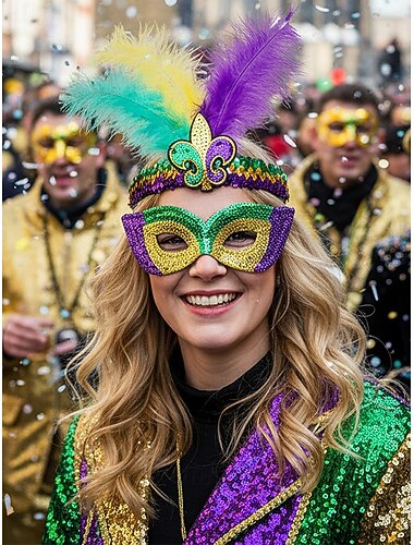  Women's Conjunto de Máscara e Faixa de Mardi Gras em Poliéster com Lantejoulas – Cores Vibrantes com Plumas Perfeito para Carnaval e Festas de Máscaras