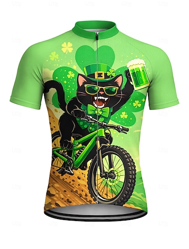  Herren St. Patrick Jersey Radtrikot Downhill Jersey Katze vierblättriges Kleeblatt Oktoberfest Bier Kurzarm Bike T-Shirt Oberteil mit 3 hinteren Taschen UV-beständig Schnell trocknend Mit Taschen