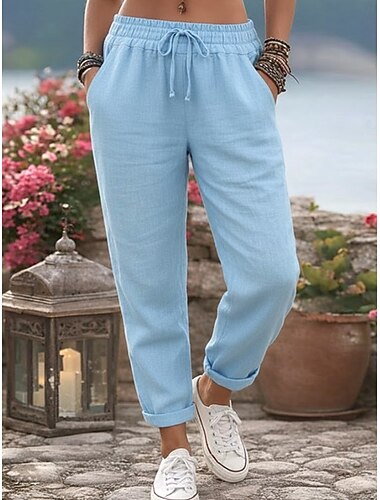  Γυναικεία Βαμβακερό λινό παντελόνι Παντελόνια Καλοκαίρι παντελόνι Διακοπές Βασικό Καθημερινό Πλήρες μήκος Μεσαία Μέση Κορδόνι Ελαστική μέση Άνεση Ελαφρύ Αναπνέει Ανελαστικό Παραλία Ταξίδια Αργίες
