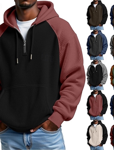  Voor heren Trui met capuchon Wafel Hoodies Stoppen Hoodie met kwartrits Zwart Leger Groen Rood Marineblauw Bruin Capuchon Kleurenblok Lapwerk Zak Casual Dagelijks Sport & Outdoor Streetwear