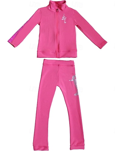  Kunstschaatsjas met broek, dames- en meisjesschaatsoutfit, zwart, elastisch, trainings- en wedstrijdschaatskleding, thermisch, warm, met kristallen/strass steentjes, lange mouwen, kunstschaatsen.