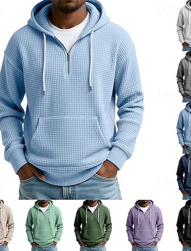  Herren Kapuzensweatshirt Waffle Kapuzensweatshirt Pullover Kapuzensweatshirt Viertelreißverschluss Kapuzensweatshirt Aprikose Schwarz Weiß Marineblau Purpur Mit Kapuze Einfach Strukturiert Lässig