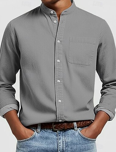  Herren Hemd Freizeithemd Stehkragenhemd Weiß Rosa Marineblau Grün Kaki Langarm Einfach Mandarinkragen Henley Lässig Outdoor Tasche Bekleidung Polyester Neutral Mode Täglich