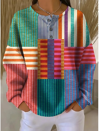  Mulheres Moletom Patchwork Geométrica Listrado Casual Manga Longa Decote Redondo Tops regulares Casual Dia a Dia Vermelho Laranja Caqui Primavera Outono