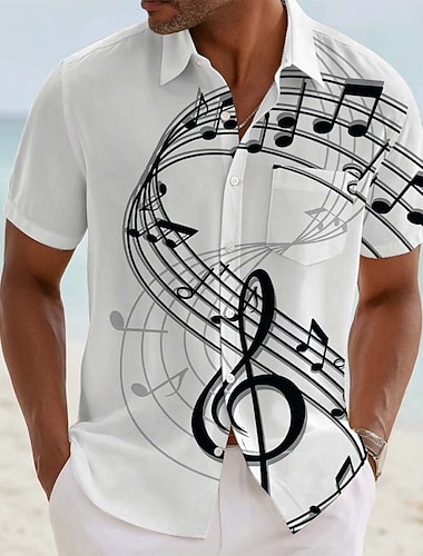  Herre Musikknotater Skjorte Sommerskjorte Skjorte med knapper Kortermet Fashion Casual Daglig musikk festival Sommer Vår Aftæpning 3D-utskrift krage skjorter Front One Lomme Blå Hvit Rosa Kakifarget