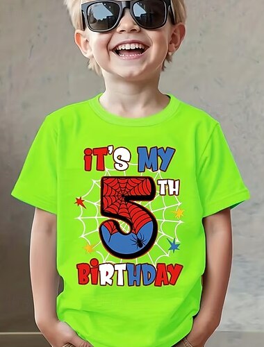  Uniseks Jongens 3D Grafisch Het is mijn 5e verjaardag T-shirt Korte mouw 3D-afdrukken Zomer Lente Sport Modieus Streetwear Kinderen 4-12 jaar Strakke ronde hals Casual Dagelijks Buiten Normale pasvorm