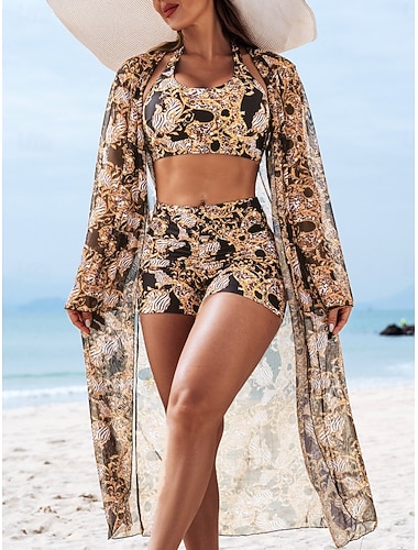  Frauen Bikini 3-teiliges Badeanzug Shorts Schlank Rückenfrei Urlaub Strandbekleidung Blumenmuster Halter Hals Ärmellose Badeanzüge