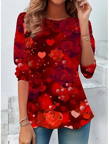  Valentinstag Damen T Shirt Druck Herz Grafik Mode Stilvoll Klassisch Langarm Rundhalsausschnitt Normale Oberteile Täglich Wochenende Rote Sommer Frühling Herbst