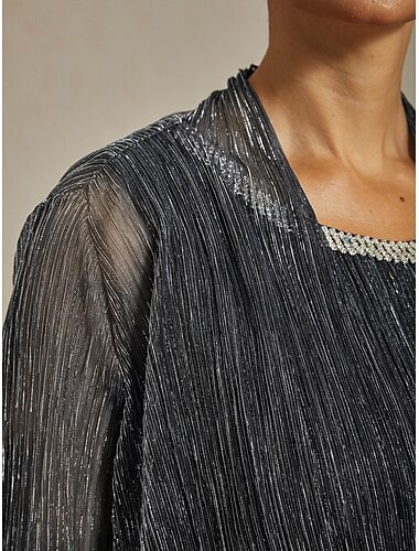  Dames haalt zijn schouders op Geplooid Metallic Effen Kleur Elegant 3/4 mouw Strakke ronde hals Bruiloft gast Semi formeel Cocktail kledij Zilver Zomer Lente Herfst