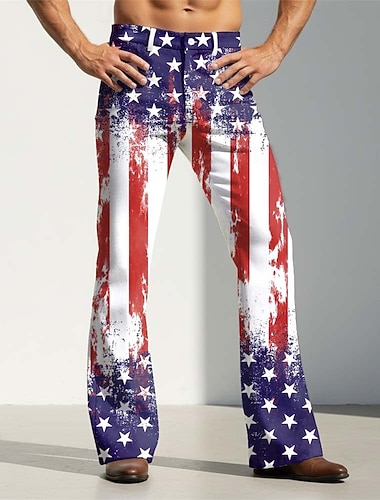  Herren Sternenbanner US Flagge 250. Jahrestag der Vereinigten Staaten Hose Disco-Hosen 60er 70er Schlaghosen Mittlere Taille Vintage-Retro Lässig Outdoor Party Seitentaschen Schlaghose Frühling Herbst
