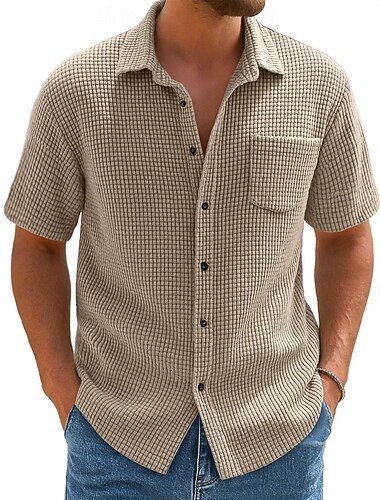  Herren Hemd Waffelhemd Textur Freizeithemd Knopfhemd Blau Schwarz Grün Kaki Kurzarm Einfach Revers Lässig Täglich Tasche Bekleidung Mode Modern Lässig