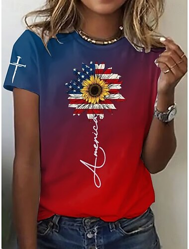 Onafhankelijkheidsdag Patriottische Dames T-shirt Grafische Vlag Vintage Stijlvol Klassiek Korte Mouw Crew Neck Reguliere Tops Dagelijks Weekend Print Blauw Rood Zomer Lente