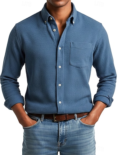  Herren Hemd Waffelhemd Freizeithemd Stehkragenhemd Knopfhemd Blau Rosa Wein Marineblau Langarm Einfach Texture Mandarinkragen Lässig Täglich Fronttasche Bekleidung Mode Modern Lässig Bequem