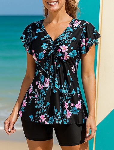  Damskie Strój kąpielowy 2-częściowa Stroje kąpielowe Kwiaty W serek Rozszerzany rękaw Ochrona UV Elastyczny Krótki rękaw Kąpielówki Surfing Plaża Pływacki Lato