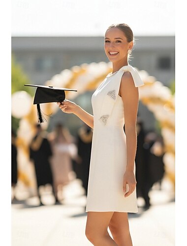  Tubinho Curto Mini Vestido de formatura Vestido de festa Vestido Coquetel Vestidos de noiva Vestidos para Chá de Panela Vestido de Noiva Elegante Vestidos Brancos Justos Sem Manga Gola Redonda Formal