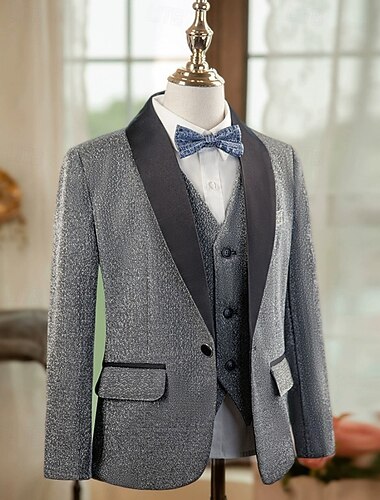 Ring-Träger Anzug Jungen Kinder Anzug Blazer & Weste & Hosen & Hemd & Krawatte Lässig Outdoor Party Mode Cool Basic Einfarbig Pailletten Tasche Knöpfe Grau Polyester