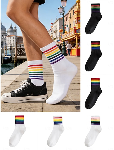  Conjunto de calcetas de rayas arcoíris de Mardi Gras para mujeres - Paquete de 6 pares de calcetines casuales de mezcla de algodón estilo unisex para carnaval festival del orgullo y vestimenta de