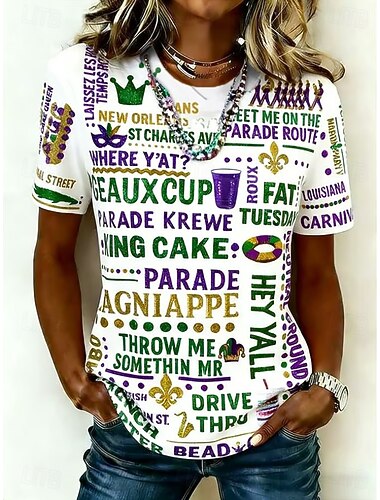  Carnaval Mardi gras Dames T-shirt Afdrukken Grafisch Vintage Modieus Stijlvol Korte mouw Strakke ronde hals Normale tops Dagelijks Zwart En Rood Wit Geel Lichtgroen Paars Zomer Lente