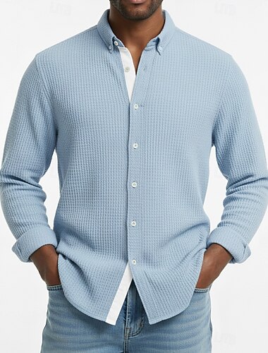  Hombre Camisa Camisa de gofres Camisa casual Camisa con cuello mao Abotonar la camisa Azul Piscina Rosa Verde Trébol Gris Manga Larga Plano Collar mandarín Casual Diario Retazos Ropa Moda Moderno