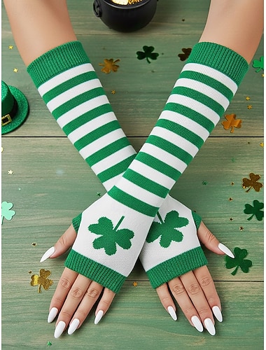  guanti da donna in maglia per il giorno di San Patrizio, a righe verdi e bianche con motivo a trifoglio, perfetti per il giorno di San Patrizio, il carnevale e l'uso quotidiano