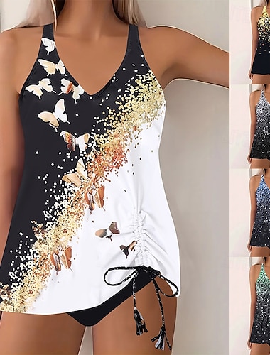  Maillot de bain deux pièces tankini pour femmes cheaky contrôle du ventre taille haute slim sans dos vêtements de plage de vacances ombre papillon en V sans manches
