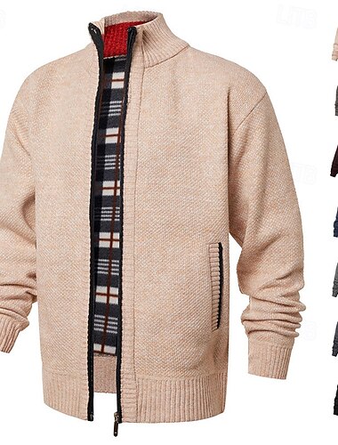  Homens Suéter Sueter Cardigan Suéter com zíper Estriado Tricotar Tops regulares Tricotado Côr Sólida Gola Alta Neutra Moda Casual Roupa Diária Roupa Outono Inverno Preto Vinho M L XL