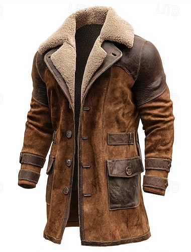  Herren Wintermantel Imitat-Lederjacke Fleecejacke Freizeitjacke Outdoor Täglich Thermowarm Tasche Herbst Winter Karomuster Vintage Streetwear Revers Lang Braun Jacken