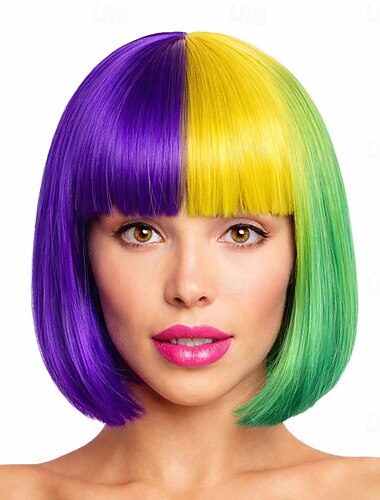  Parrucca di Carnevale Viola Verde Gialla Liscio Bob Corto Sintetica Parrucca per Festival Mardi Gras Parata Costume Cosplay Capelli per Donne