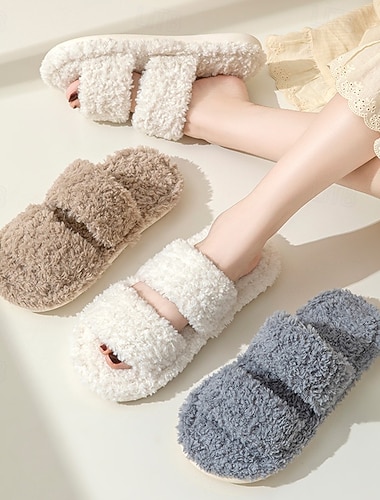  myke bomullstøfler for kvinner innendørs hjem doble striper åpen tå myke pelskledde tøfler koselige varme fottøy