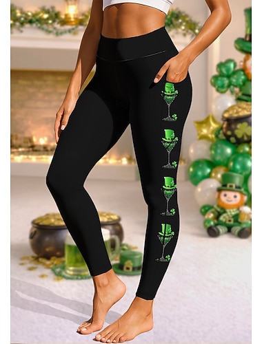  St Patrick Dam pilatesleggings Fitnessbyxor Gymleggings Fickor Stämpelskatt Sidfickor Pilates Gym Gymträning Trikåer Damasker Underdelar Trä / löv Klöver Grön / svart Orange Grön sporter Sportkläder