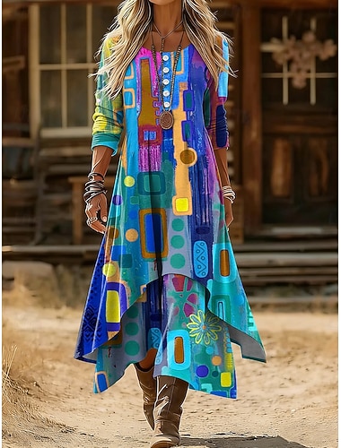  Dame Midikjole Skiftkjole Fritid Daglig Ferie Normal Grafisk Geometrisk Langermet Crew-hals Blå Gul Lilla Vår Vinter