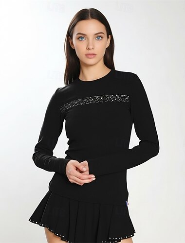  kunstschaatsoutfits voor meisjes, ijsschaatsoutfits, zwarte patchwork stretch trainings- en wedstrijdschaatskleding, klassieke kristallen/strass-steentjes, lange mouwen, ijsschaatsen, kunstschaatsen