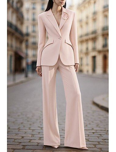  Dames 2-delige pakken Wijd uitlopend Broekpakken Formeel Bruiloft gast Stretch crêpe Elegant Vintage Eenvoudig Lange mouw Tot de grond Tot de enkel Inkeping Enkele rij knopen
