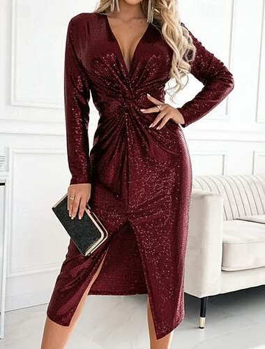  Damskie Sukienka midi Cekinowa sukienka Sukienka na studniówkę Sukienka na imprezę Sukienka koktajlowa Elegancja Nowoczesny Wieczorna impreza Impreza Specjalne okazje Regularny Równina Długi rękaw W