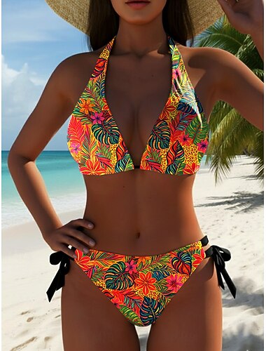  Dames Bikini 2-delig Zwempak Palm Cheeky Slim Rugloos Vakantie Strandkleding Bloemige Grafische V-hals Mouwloos Badpakken