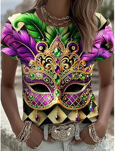  Carnaval Dames T Shirt Grafisch Vintage Mode Stylish Korte Mouw Lange Mouw Crew Neck Reguliere Tops Dagelijks Print Zwart Paars Zomer Lente