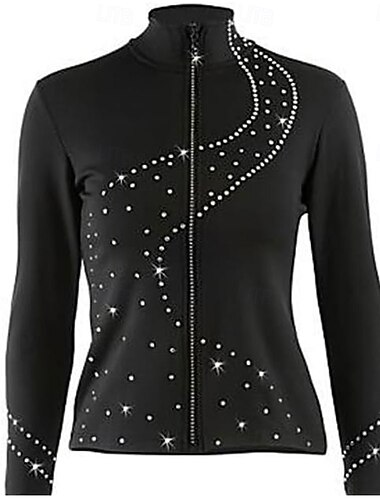  konståkningsjacka fleece dam flickor skridskoåkningsjacka topp svart stretchig tränings- och tävlingskläder termisk varm kristall/strass långärmad skridskoåkning konståkning