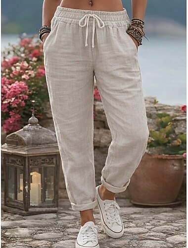  Damen Hose aus Baumwollleinen Hose Sommerhose Urlaub Basic Lässig Volle Länge Mittlere Taille Kordelzug Elastischer Bund Komfort Leicht Atmungsaktiv Unelastisch Strand Reise Ferien Blau Grau Schwarz