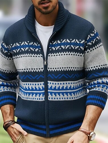  Homme Pull Gilet Cardigan Pull Fair Isle Pull zippé Côtelé Tricoter Hauts Réguliers Tricoté Géométrique Col châle Vacances Mode Occasionnel Tenue quotidienne Vêtement Tenue Printemps & Automne