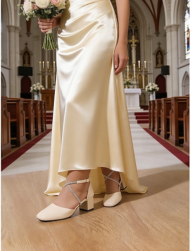 Damesko med elfenbensfarget ankelrem og blokkhæl, elegante brudepikesko, klassiske kjolesko med lukket tå til kirkebryllup og formelle seremonier &bryllupsfester