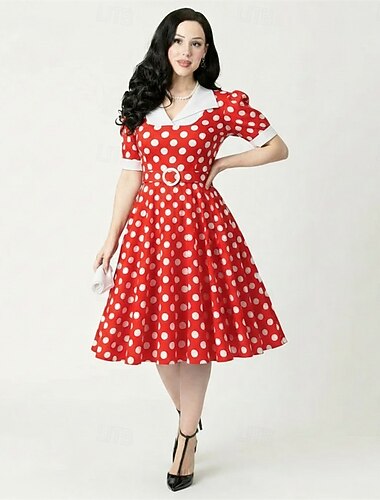  Rockabilly Middag En linje kjole Korte ermer Polkadotter Trang og vid passform Kostyme Dame Karneval Valentinsdag Avslappet Ball Retro-temafest Voksne Kjole Vår