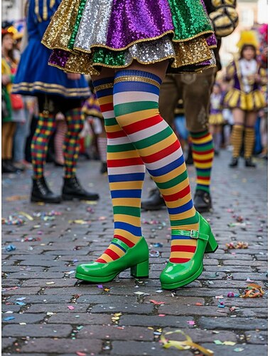  Frauen Mardi Gras Gelbe Lackleder Mary Jane High Heels mit Blockabsatz – Retro-Stil bequeme Passform perfekt für Karneval Festivals und Kostümpartys