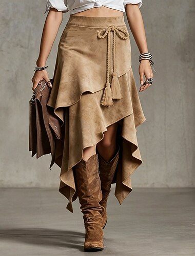  Damen Vintage Mode Lässig Midi Hohe Taille Röcke Einfach Kordelzug Unregelmäßiger Saum Mikroelastisch Täglich Straße Braun Khaki Frühling