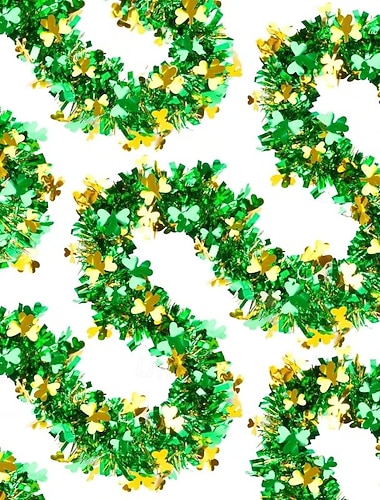  2 Stück, insgesamt 10 Meter lange Girlande aus Metalldraht zum St. Patrick's Day – Kleeblattmuster, grün-goldene Metallspirale, geeignet für irische Partys und als Heimdekoration.