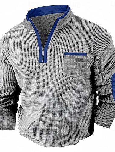  Herren Waffel T-Shirt T Shirt Waffel-Henley-Hemd Langarm Halber Reißverschluss Herbst Herbst Winter Einfarbig Patchwork Traditionell / Vintage Lässig Patchwork Farbblock Lässig Heim Outdoor Blau Grün