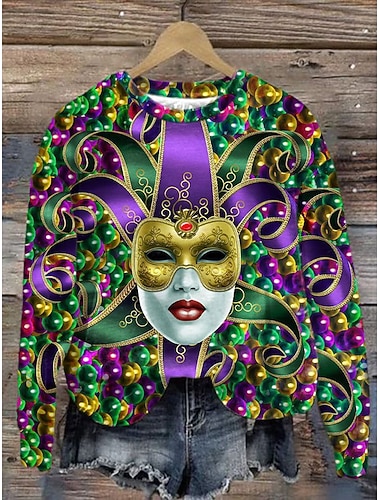  Carnaval Dames Pullover Sweatshirt Grafisch Casual Lange Mouw Crew Neck Reguliere Tops Casual Straat Dagelijks Print Geel Paars Groen Lente Herfst Winter