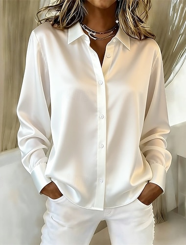  Dámské Košile Elegantní Saténový top Halenka Nabírané šaty Slátanina Knoflíky Pevná barva Bez vzoru Elegantní Vinobraní dámy Dlouhý rukáv Košilový límec Běžné topy Denní Práce Dovolená Černá Bíl